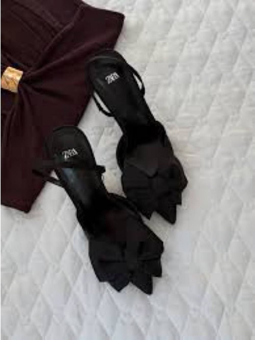 Zara Black Pointed-Toe Slingback Heels with Bow
